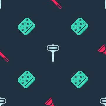 Set Rubber plunger, Shaving razor and Sponge on seamless pattern. Vector 스톡 일러스트