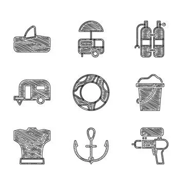 Set Rubber swimming ring, Anchor, Water gun, Sand bucket, Bodybuilder muscle, Rv Stock Illustration
