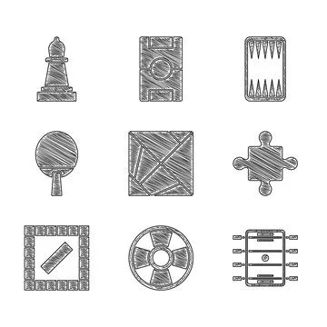 Set Rubik cube, Casino chip, Hockey table, Puzzle pieces toy, Board game, R.. Stock Illustration