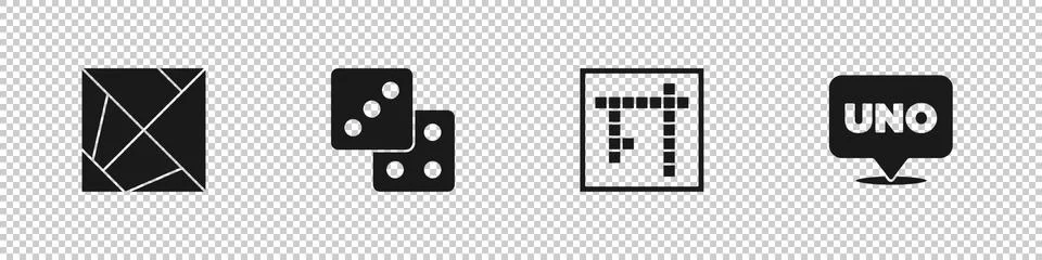 Set Rubik cube, Game dice, Bingo and Uno card game icon. Vector Stock Illustration