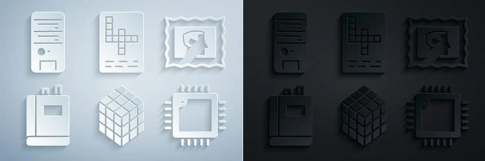 Set Rubik cube, Postal stamp, Book, Processor with CPU, Crossword and Compu.. Stock Illustration