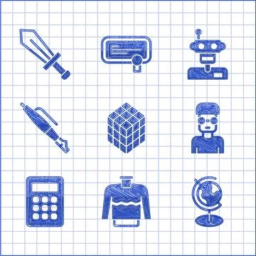 Set Rubik cube, Sweater, Earth globe, Nerd geek, Calculator, Fountain pen nib Stock Illustration