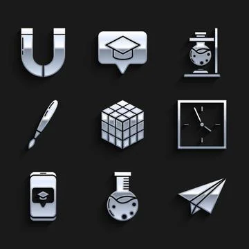 Set Rubik cube, Test tube and flask chemical laboratory, Paper airplane, Cl.. 스톡 일러스트