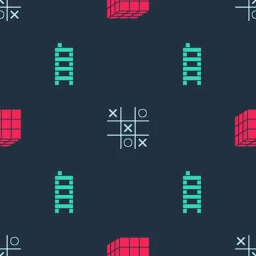 Set Rubik cube, Tic tac toe game and Mahjong pieces on seamless pattern. Vector Illustrazione stock