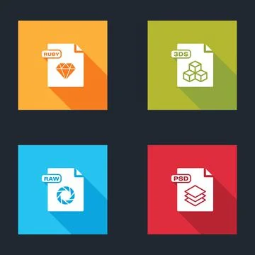 Set RUBY file document, 3DS, RAW and PSD icon. Vector Illustrazione stock