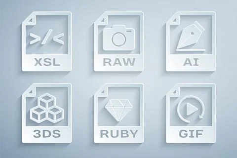 Set RUBY file document, AI, 3DS, GIF, RAW and XSL icon. Vector Illustrazione stock