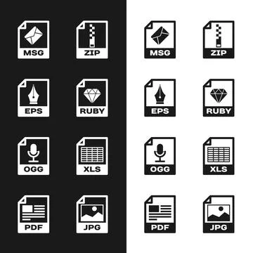 Set RUBY file document, EPS, MSG, ZIP, OGG and XLS icon. Vector Stock Illustration