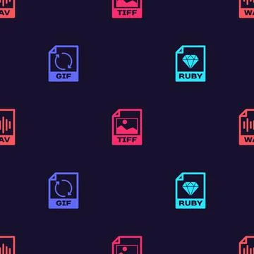 Set RUBY file document, GIF, TIFF and WAV on seamless pattern. Vector 스톡 일러스트