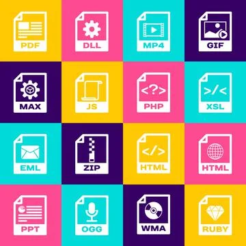 Set RUBY file document, HTML, XSL, MP4, JS and MAX icon. Vector Stock Illustration