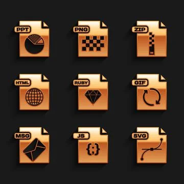Set RUBY file document, JS, SVG, GIF, MSG, HTML, ZIP and PPT icon. Vector Stockillustratie