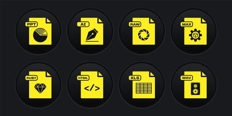 Set RUBY file document, MAX, HTML, XLS, RAW, AI, WAV and PPT icon. Vector Stock Illustration