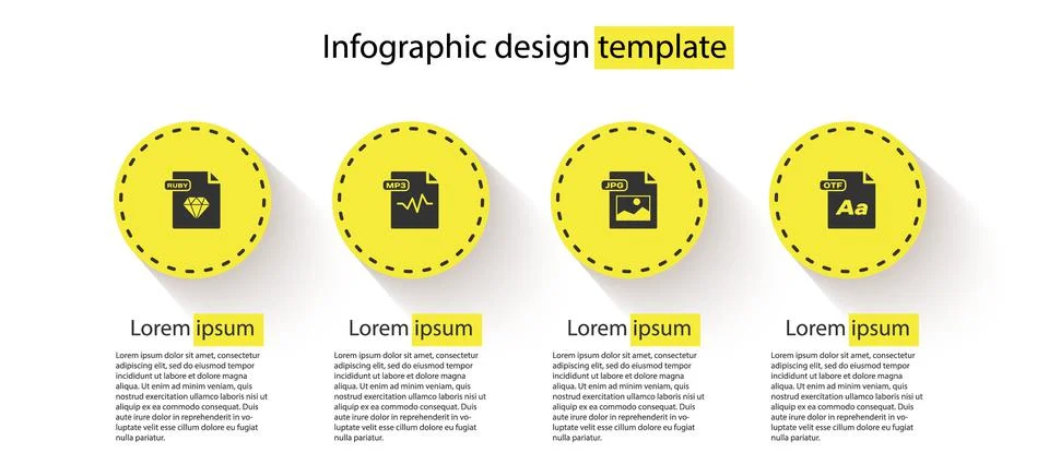 Set RUBY file document, MP3, JPG and OTF. Business infographic template. Vector Illustrazione stock