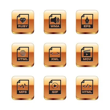 Set RUBY file document, MP3, GIF, XML, HTML and EPS icon. Vector Stock Illustration