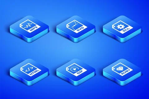 Set RUBY file document, MP3, GIF, HTML, SVG and DLL icon. Vector Illustrazione stock