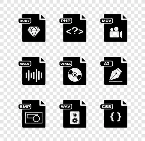 Set RUBY file document, PHP, MOV, BMP, WAV, CSS, and WMA icon. Vector Stock Illustration