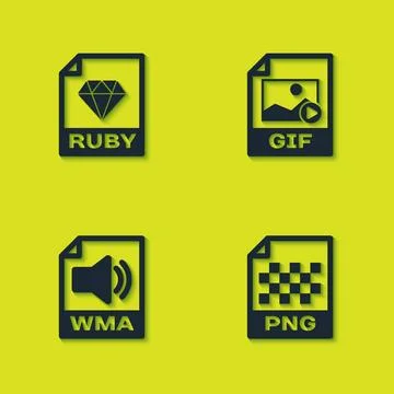Set RUBY file document, PNG, WMA and GIF icon. Vector Stock Illustration