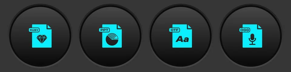 Set RUBY file document, PPT, OTF and OGG icon. Vector Illustrazione stock