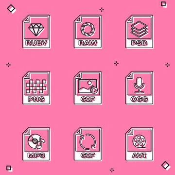 Set RUBY file document, RAW, PSD, PNG, GIF and OGG icon. Vector Stock Illustration
