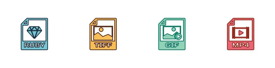 Set RUBY file document, TIFF, GIF and MP4 icon. Vector Stock Illustration