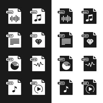 Set RUBY file document, TXT, WAV, PPT, MP3, GIF and icon. Vector Stock Illustration