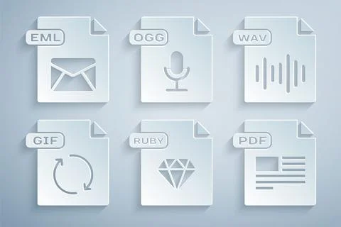 Set RUBY file document, WAV, GIF, PDF, OGG and EML icon. Vector Illustrazione stock