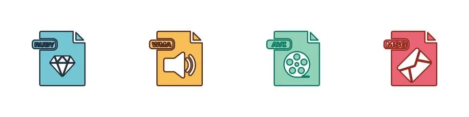 Set RUBY file document, WMA, AVI and MSG icon. Vector Illustrazione stock
