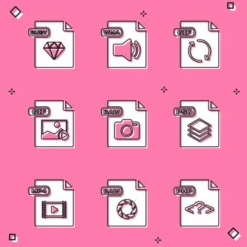 Set RUBY file document, WMA, GIF, RAW, PSD, MP4 and  icon. Vector Stock Illustration