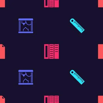 Set Ruler, 3D printer, Brochure and Empty document on seamless pattern. Vector Stockillustratie
