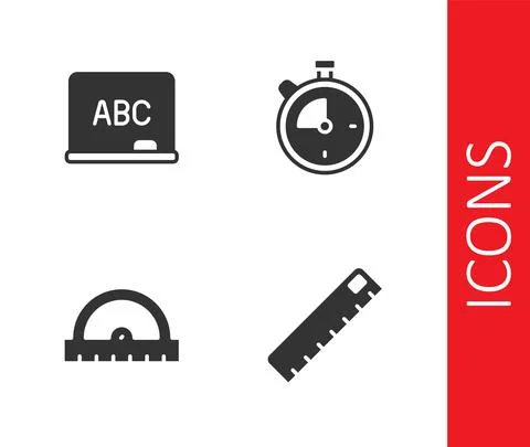 Set Ruler, Chalkboard, Protractor grid and Stopwatch icon. Vector Illustrazione stock