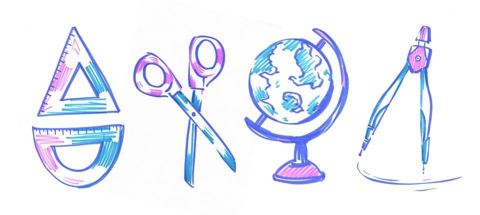 Set, ruler, compasses, scissors, top view, side view, isolated illustration on a Stock Illustration