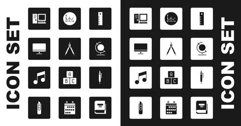 Set Ruler, Drawing compass, Computer monitor screen, Earth globe, Graph Stock Illustration
