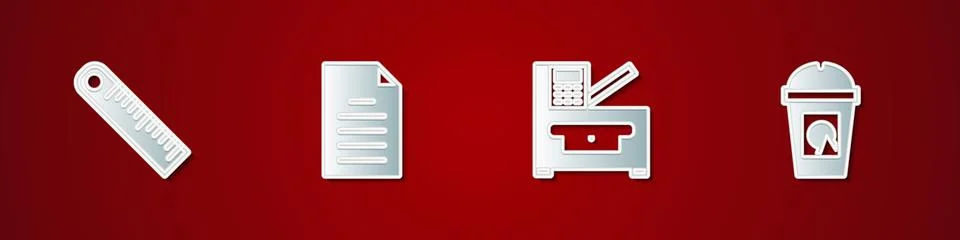 Set Ruler, File document, Copy machine and Coffee cup to go icon. Vector Stockillustratie
