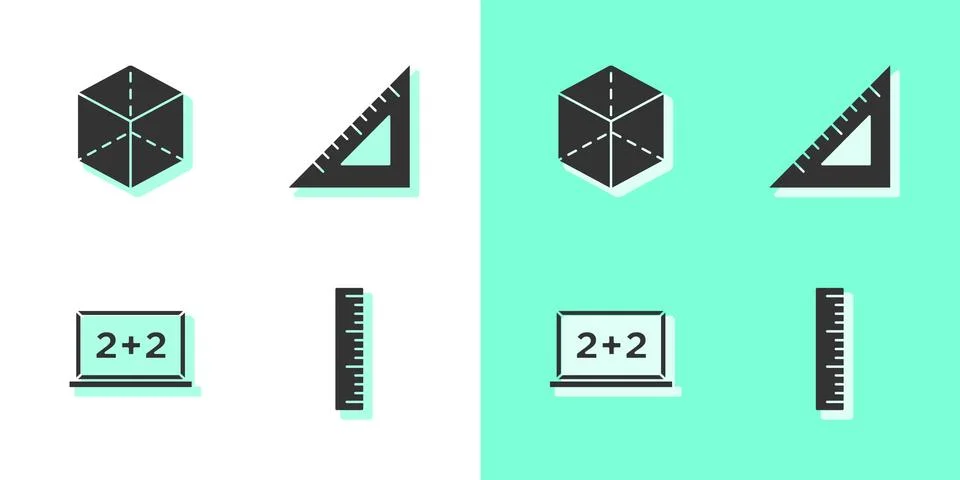 Set Ruler, Geometric figure Cube, Chalkboard and Triangular ruler icon. Vector 스톡 일러스트