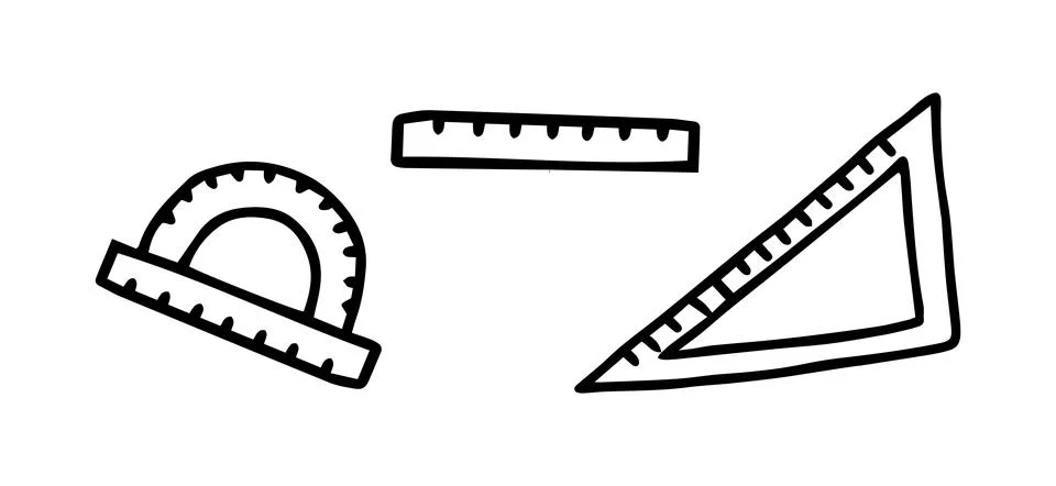 Set of ruler icons featuring protractor, straight edge, and triangle ruler in Stock Illustration