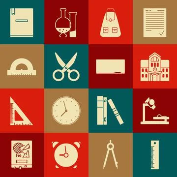 Set Ruler, Microscope, School building, backpack, Scissors, Protractor grid for Ilustración de archivo
