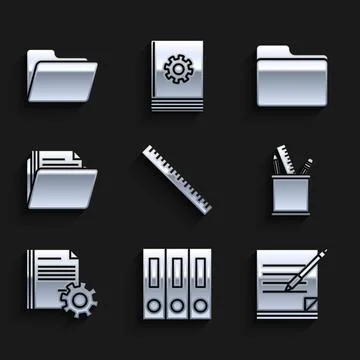 Set Ruler, Office folders with papers and documents, Blank notebook pen, Pencil Stock Illustration