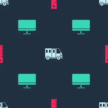 Set Ruler, School Bus and Computer monitor screen on seamless pattern. Vector Illustrazione stock