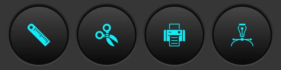 Set Ruler, Scissors, Printer and Fountain pen nib icon. Vector Stock Illustration