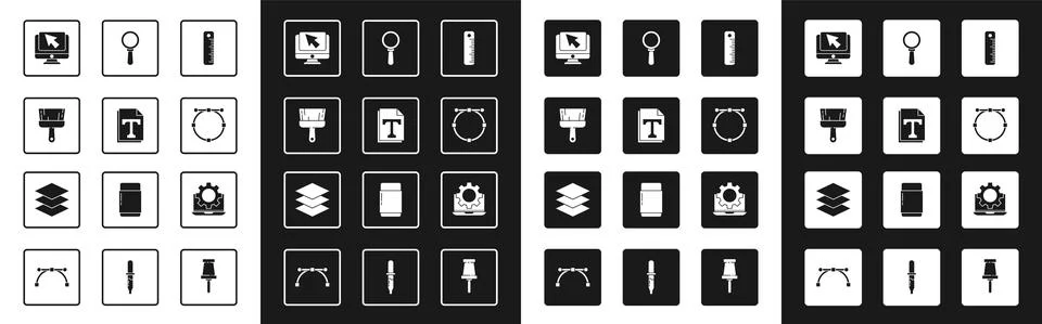 Set Ruler, Text file document, Paint brush, Computer monitor and cursor, Circle Stock Illustration