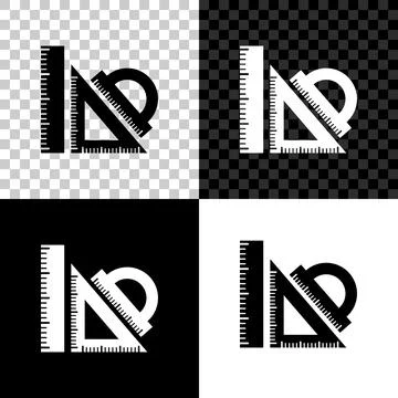 Set ruler, triangular ruler and protractor icon isolated on black, white and Illustrazione stock
