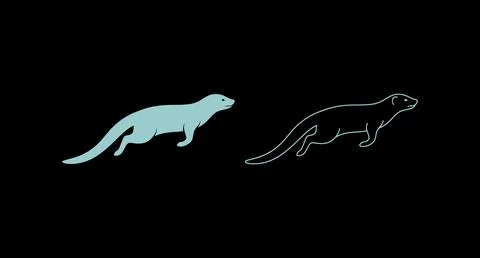 Set of running otter illustrations in solid light blue and outline styles Stock Illustration