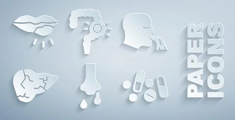 Set Runny nose, Vomiting man, Hepatitis virus, Medicine pill or tablet, Gut Stock Illustration