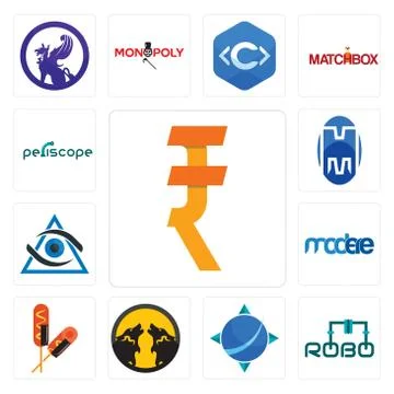Set of rupee, robo, geodesy, pack wolf, corn dog, modere, third eye, double m 무료 스톡 일러스트