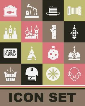Set Russian bagels, King crown, Rocket ship, Medovik, Saint Basil's Cathedral Illustrazione stock