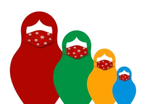 Set Russian nesting dolls matrioshka wearing surgical mask covid-19 protection Illustrazione stock