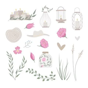 Set of rustic decoration vector elemets. Boho design for wedding day. Stock Illustration