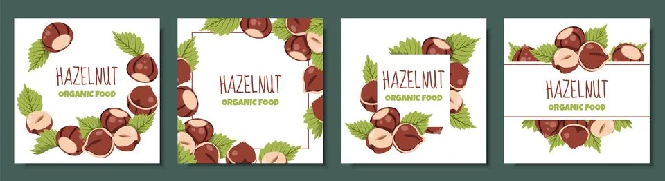Set of Rustic Square Frames with Hazelnuts and Green Leaves in Flat Style. .. Illustrazione stock