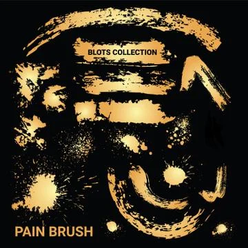 Set of rusty paint brush ink blots. Vector golden isolated splashes Stock Illustration