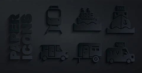 Set Rv Camping trailer, Cargo ship, Minibus, TV News car, Cruise and Train an Illustrazione stock