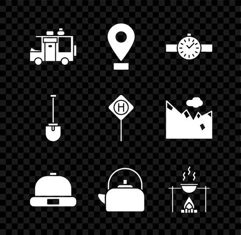 Set Rv Camping trailer, Location, Wrist watch, Beanie hat, Kettle with handle Illustration